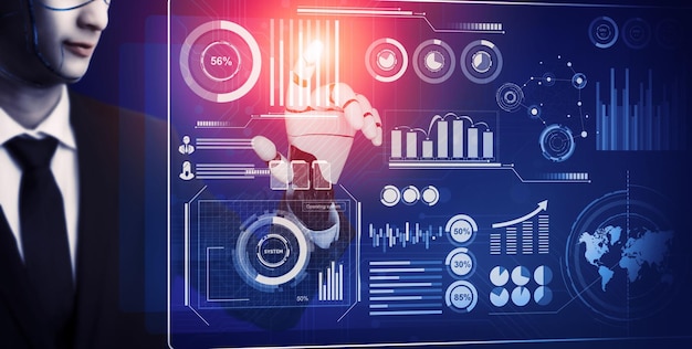 Representación 3D Desarrollo de tecnología de robots futuristas inteligencia artificial IA y concepto de aprendizaje automático Investigación científica biónica robótica global para la vida humana futura Ilustración 3D