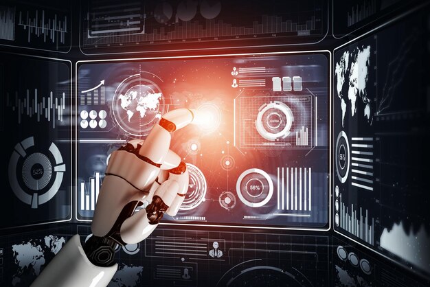Representación 3D Desarrollo de tecnología de robots futuristas inteligencia artificial IA y concepto de aprendizaje automático Investigación científica biónica robótica global para la vida humana futura Ilustración 3D