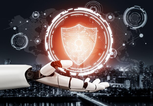 Representación 3D Desarrollo de tecnología de robots futuristas inteligencia artificial IA y concepto de aprendizaje automático Investigación científica biónica robótica global para la vida humana futura Ilustración 3D
