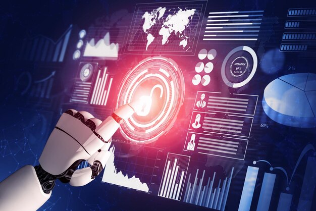 Representación 3D Desarrollo de tecnología de robots futuristas inteligencia artificial IA y concepto de aprendizaje automático Investigación científica biónica robótica global para la vida humana futura Ilustración 3D
