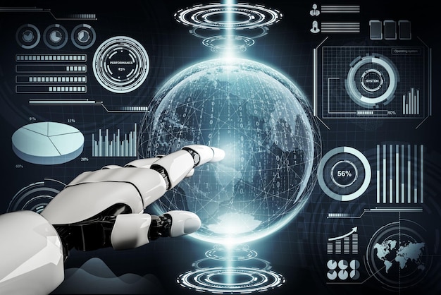 Representación 3D Desarrollo de tecnología de robots futuristas inteligencia artificial IA y concepto de aprendizaje automático Investigación científica biónica robótica global para la vida humana futura Ilustración 3D