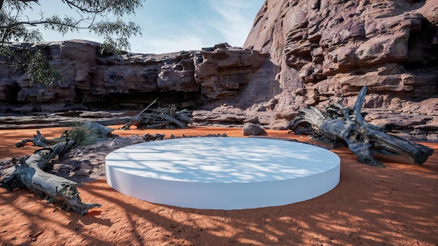 Representación 3d Desierto polvoriento rojo con fondo de roca grande para exhibición de productos publicitarios