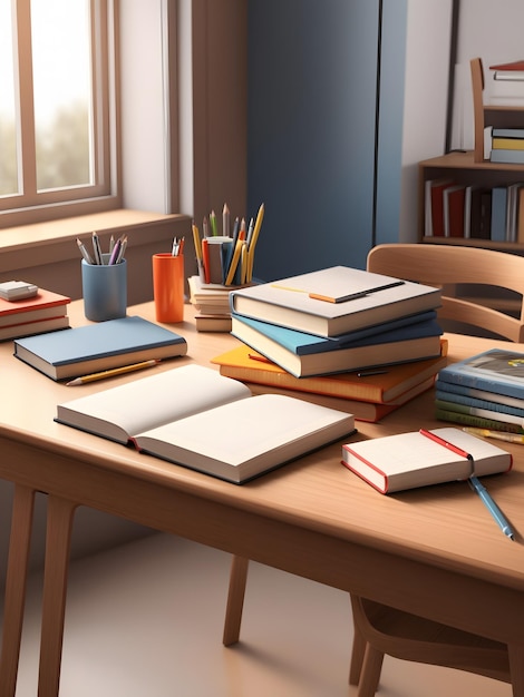 Una representación 3D detallada de un escritorio de estudiante con una pila de libros de texto y un portalápices