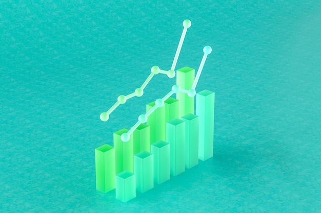 Representación 3D de diagramas comerciales sobre fondo verde