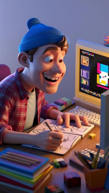 Representación 3D de dibujos animados como hombre trabajando
