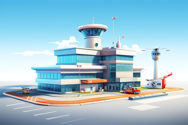 representación 3d de dibujos animados del edificio del aeropuerto