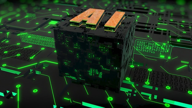 Representación 3D digital de AI (Inteligencia Artificial) sobre el fondo del circuito