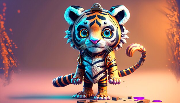 Foto representación 3d dinámica el lindo personaje del tigre en la composición del cartel de la película mira hacia la derecha