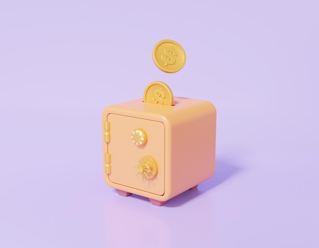 Representación 3D Dinero de monedas flotando en caja de seguridad con concepto de ganancias finanzas ahorro de dinero reducción costo dibujos animados estilo mínimo en banner de fondo púrpura ilustración 3d