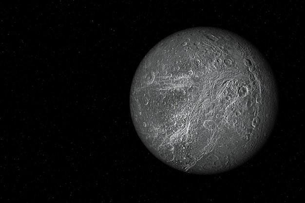 Representación 3D de Dione, una de las lunas de Saturno, el sexto planeta del Sol