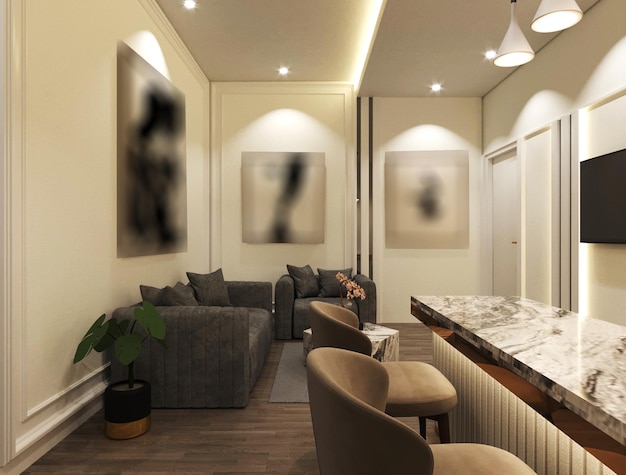 Representación 3D del diseño interior de la sala de espera acogedora y moderna