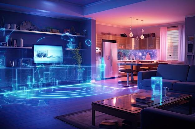 Representación 3D del diseño interior de una sala de estar moderna con luces de neón y muebles. Conexión a Internet en toda la casa e instrucciones de holograma generadas por IA.