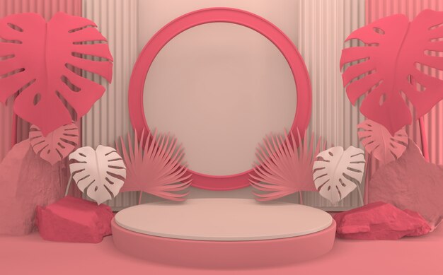 La representación 3d del diseño minimalista del podio rosa de San Valentín