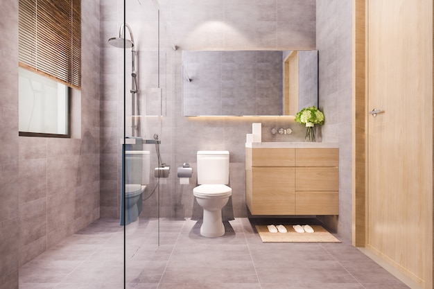 Representación 3D de diseño moderno y baño y baño de baldosas de mármol.