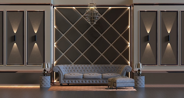Representación 3D de diseño de sala de estar interior con lámpara y panel de pared acolchado