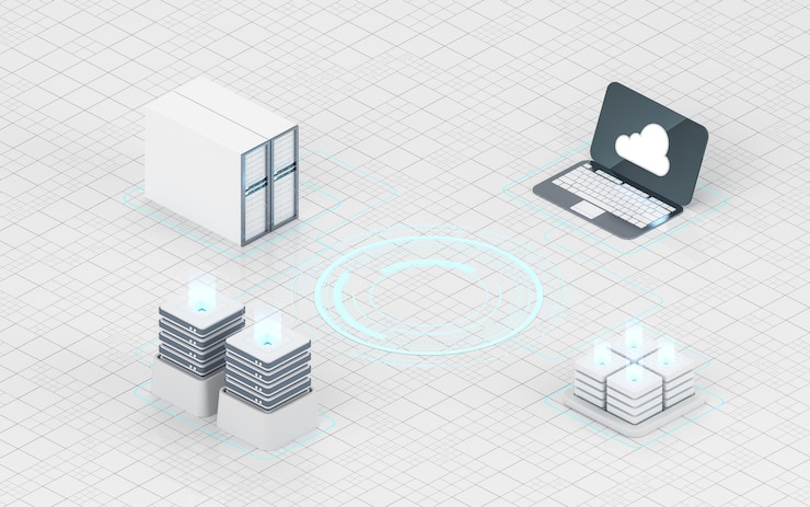 Foto representación 3d de dispositivos de información y computación en la nube