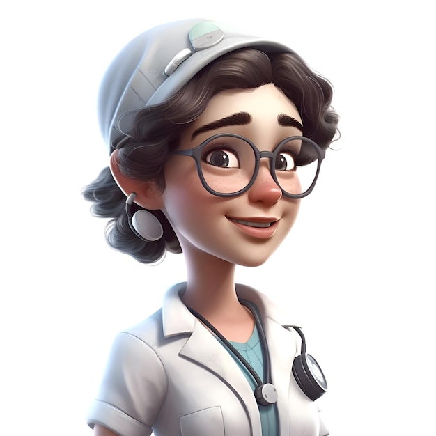 Representación 3D de una doctora con gafas y estetoscopio