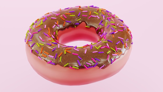 Representación 3D de donut de chocolate o donut con chispas Gran donut glaseado de chocolate con chispas de color sobre un fondo blanco