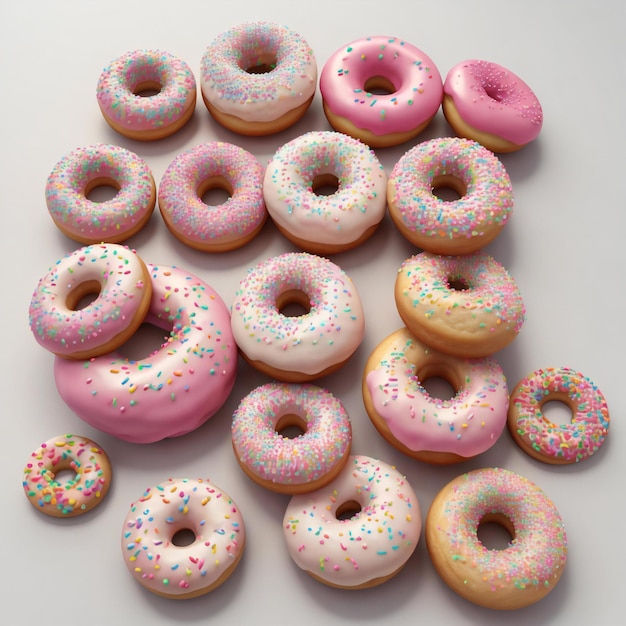 Representación 3D de donuts con glaseado y chispas