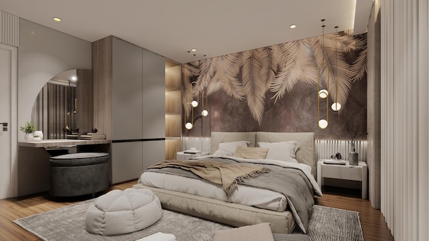 Representación 3d de dormitorio pequeño de lujo moderno