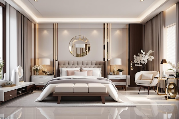Representación 3D, dormitorio principal de lujo moderno, diseño de interiores de estilo contemporáneo.