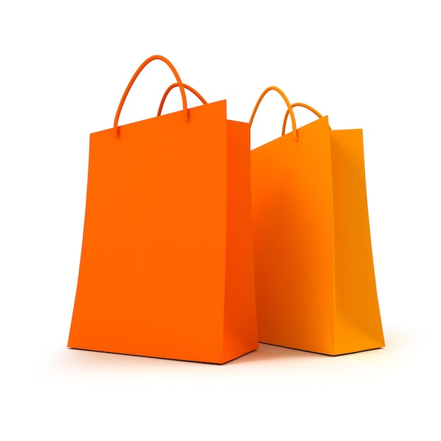 Representación 3D de dos bolsas de compras de color naranja sobre un fondo blanco.