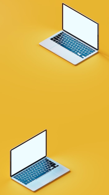 Representación 3d de dos computadoras portátiles de color plateado y pantalla azul en la vista isométrica del escenario naranja