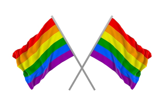 Representación 3d Dos cruzaron la bandera ondeante del arco iris LGBTQ aislado sobre fondo blanco.