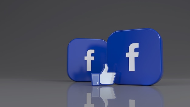 Representación 3D de dos insignias cuadradas de Facebook y un icono similar sobre fondo gris