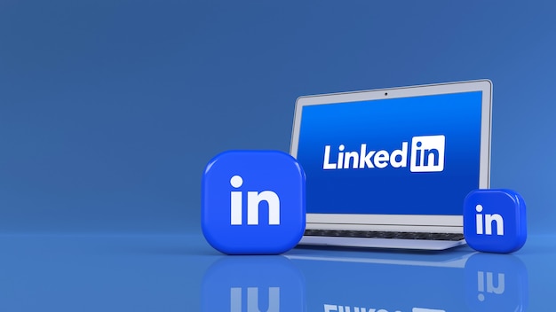 Representación 3D de dos insignias cuadradas LInkedin delante de un portátil en fondo azul.