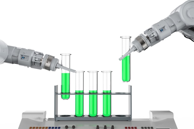 Representación 3D de dos manos robóticas trabajando en tubos de ensayo