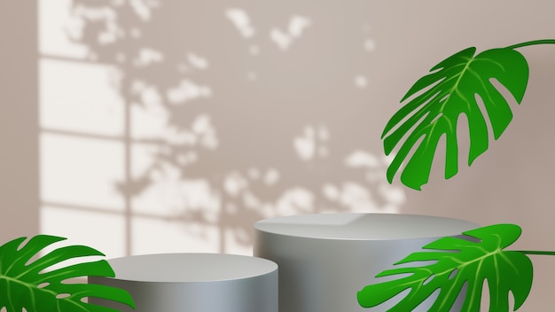 Representación 3D de dos podios grises para colocar elementos y hojas en una ventana con sombra en el fondo de la habitación. Maqueta para mostrar producto.