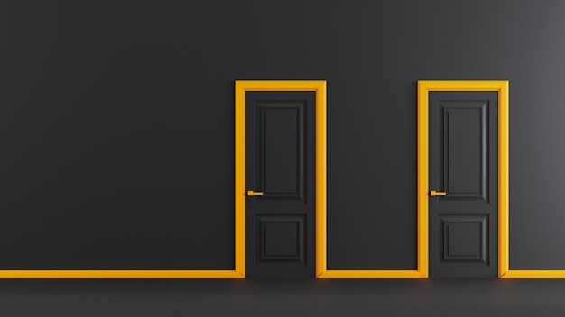 Representación 3D de dos puertas realistas negras cerradas sobre un fondo oscuro