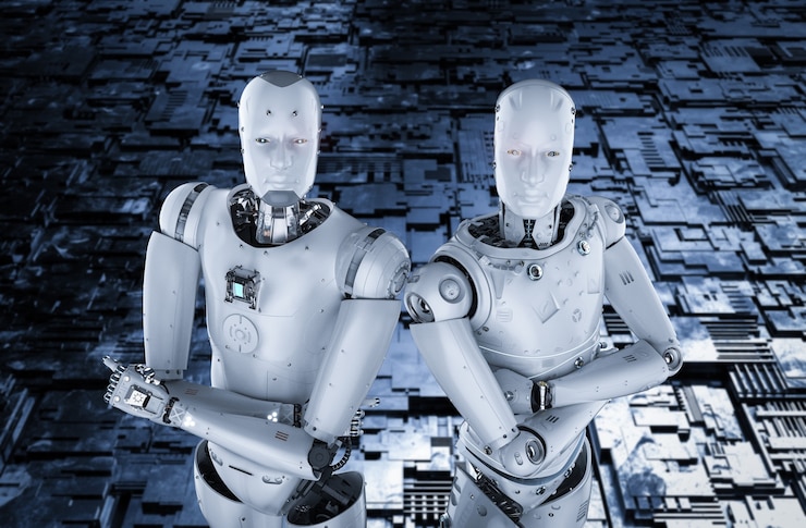 Foto representación 3d de dos robots humanoides con el brazo cruzado