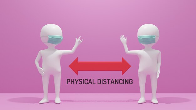 Representación 3D de dos stickmen blancos que mantienen la distancia