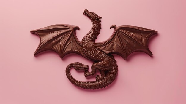 Una representación en 3D de un dragón de chocolate sobre un fondo rosado El dragón es intrincadamente detallado y parece como si pudiera volar de la pantalla