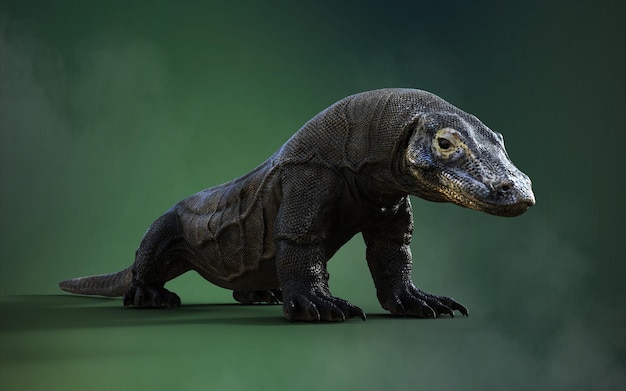 Representación 3D de un dragón de Komodo aislado sobre fondo verde con trazado de recorte