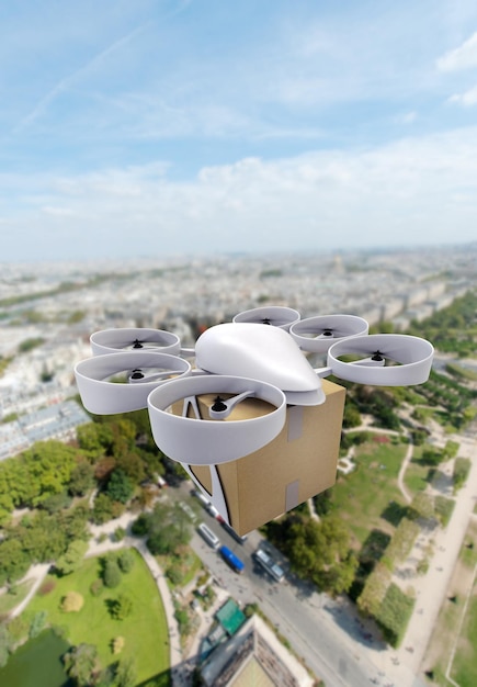 Representación 3D de un dron comercial que lleva una caja que vuela sobre el centro de una ciudad