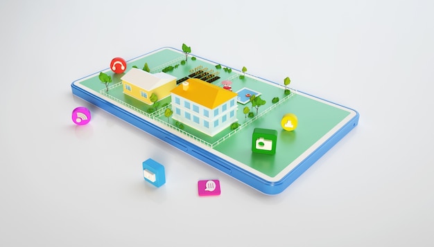Representación 3D del edificio de apartamentos de la ciudad isométrica con concepto de negocio móvil