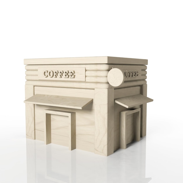 Representación 3D del edificio de la cafetería con reflejo aislado en blanco