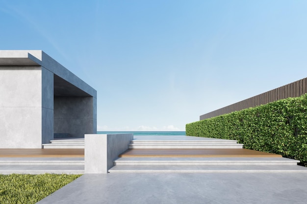 Representación 3D de edificio de hormigón con terraza de madera sobre fondo de mar