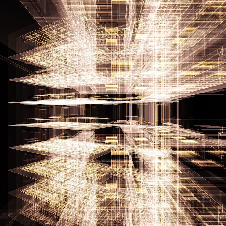 Foto representación 3d del edificio de oficinas de oro abstracto