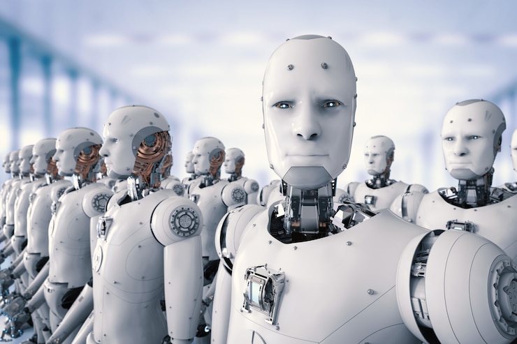 Foto representación 3d del ejército de robots o grupo de cyborgs en la fábrica.