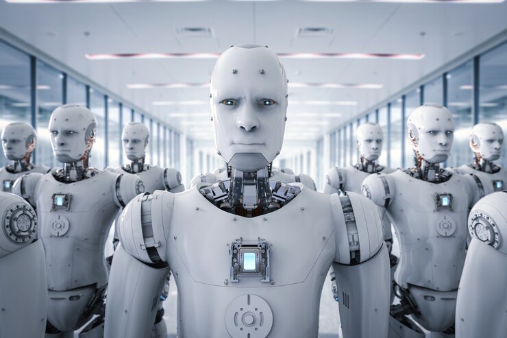 Foto representación 3d del ejército de robots o grupo de cyborgs en la fábrica.
