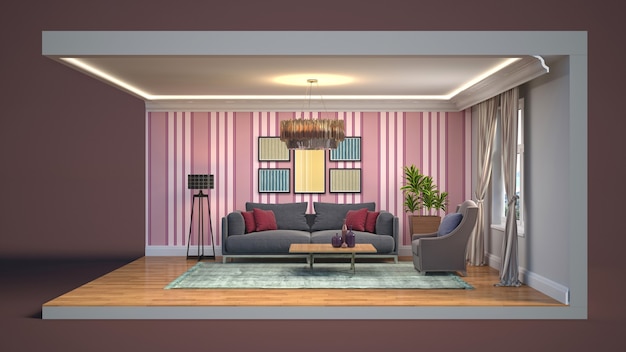 Representación 3D de una elegante habitación moderna