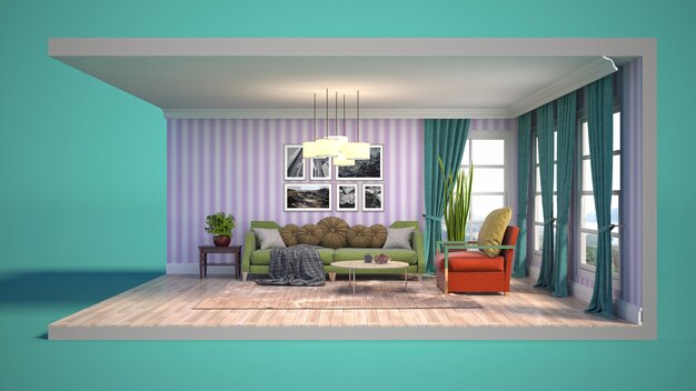 Representación 3D de una elegante habitación moderna