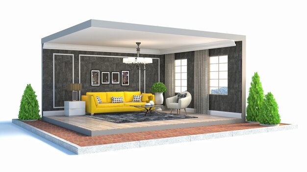 Representación 3D de una elegante habitación moderna