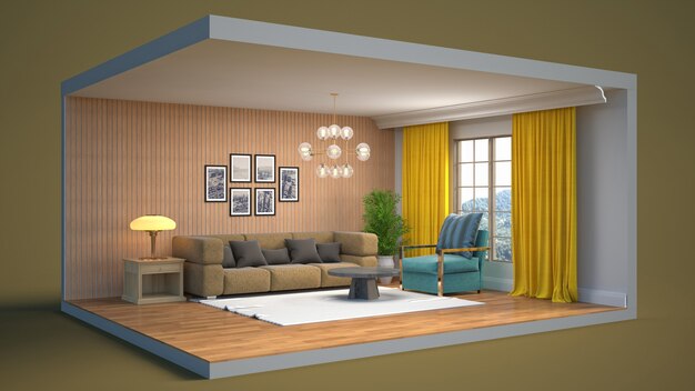 Representación 3D de una elegante habitación moderna