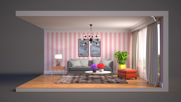 Representación 3D de una elegante habitación moderna