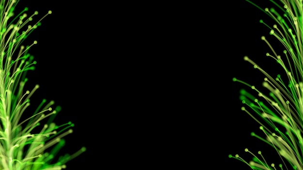 Representación 3D de elegantes ramas brillantes sobre un fondo negro, que forman un elegante marco. Vegetación fabulosa mágica. El fondo y el elemento perfecto para cualquier diseño.